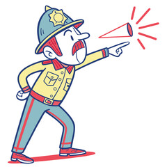 Vintage Cartoon Police Officer Shouting and Pointing – Retro Law Enforcement Illustration