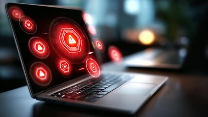 Laptop displaying red warning icons, defocused alert symbols, phishing threat concept, spam email detection, cybersecurity risk visualization, data protection warning system, with - Powered by Adobe