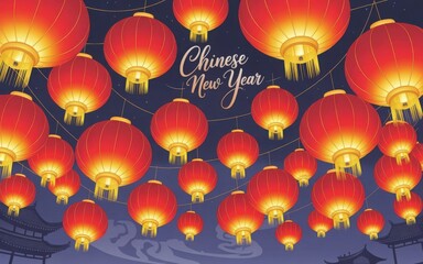 Obraz premium Red Chinese New Year lanterns hanging in night sky