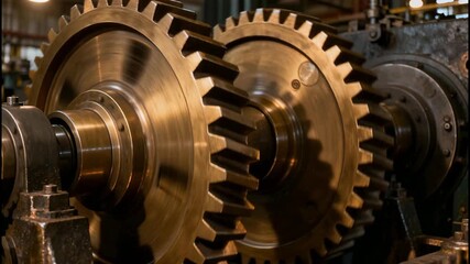 Close-up of spinning golden gears in an industrial setting showing machinery mechanics and