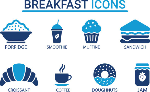 Snack Icons set, Containing muffine for Popcorn, porridge, smoothie, sandwich, croissant, coffee, doughnuts, jam, Solid vector icons set collection. illustration