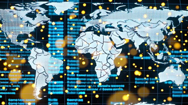 Digital world map display showing global connectivity data with bright glowing connection points