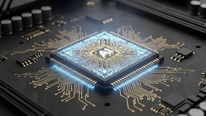 Glowing AI Computer Chip on Dark Motherboard.
