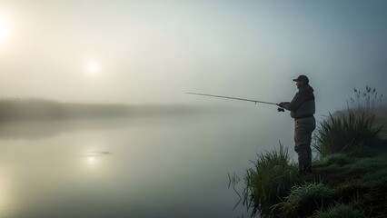Silhouette of Fisherman Casting in Foggy Lake or River at Dawn.