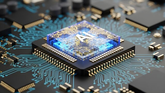 Glowing Blue CPU on Black Circuit Board (High Technology). - Powered by Adobe