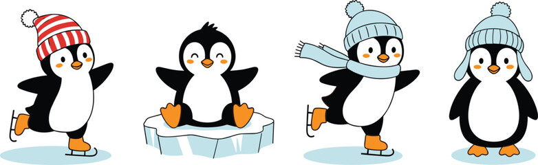 Cute winter penguin characters skating on ice, wearing hats and scarves, adorable cartoon illustration set for Christmas, holiday, seasonal artwork