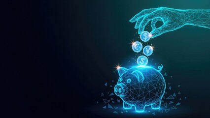 Futuristic digital hand depositing glowing coins into a polygonal piggy bank on a dark background