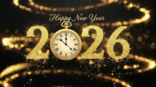 glittering golden new year celebration with a clock and fireworks for 2026 countdown video montage