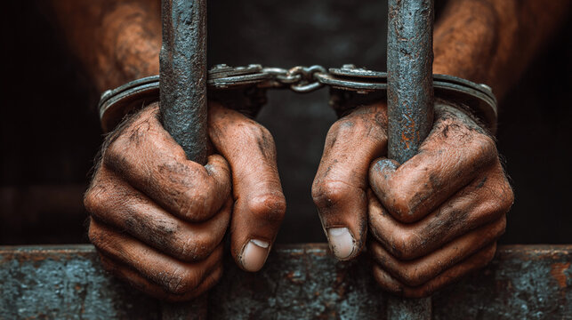 Hands gripping prison bars show struggle and confinement - Powered by Adobe
