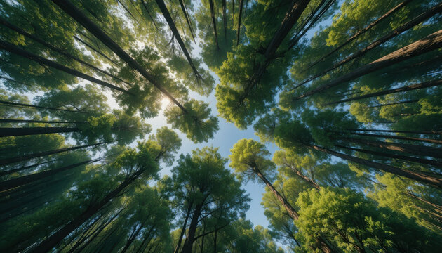 Worm's eye view of tall trees reaching up to the light blue sky