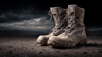Worn military boots resting on a gritty landscape under dark clouds