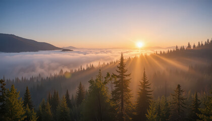 Sunrise over a misty forest with mountains in the distance