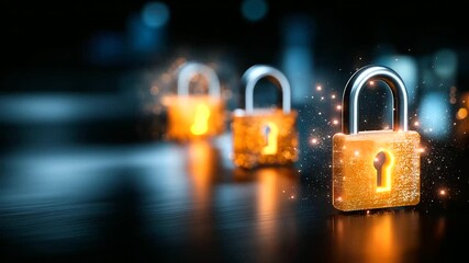 Orange padlock icons on dark background, defocused security elements, data protection concept, cybersecurity visualization, information safety system, digital lock technology, with - Powered by Adobe
