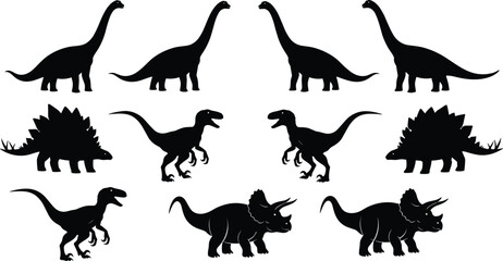 Dinosaur silhouette set featuring various prehistoric species including T-Rex, Triceratops, Stegosaurus, and Sauropods for educational, graphic design and illustration projects