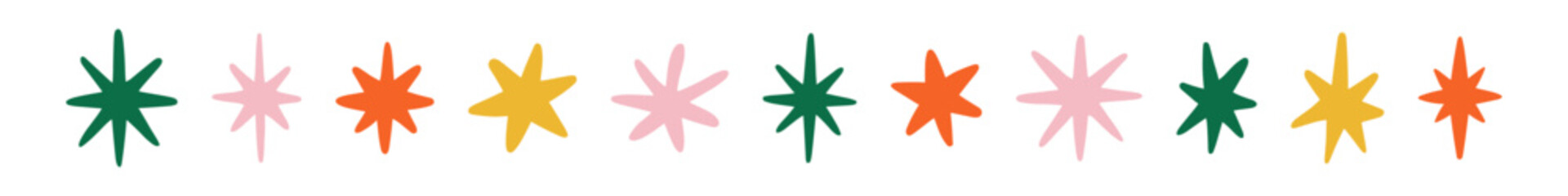 Colorful star trend set vector illustration featuring various star shapes in green, pink, orange, and yellow. Perfect for use in creative design projects and decorations