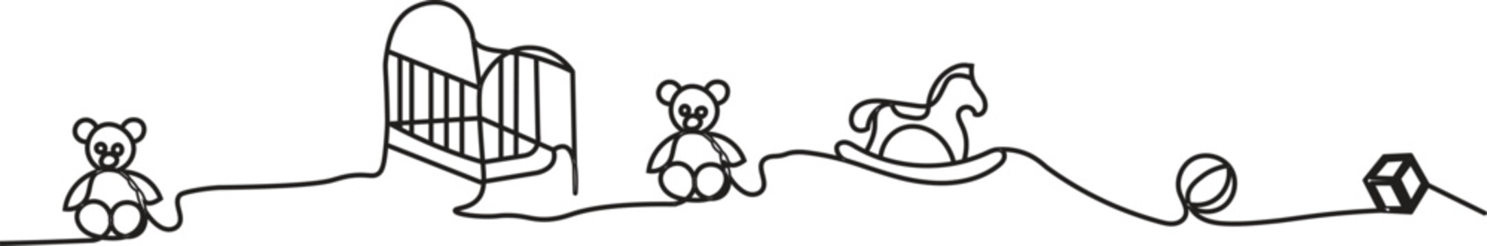 Continuous line art creating a baby crib and floor toys.