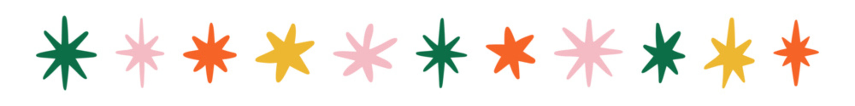 Colorful star trend set vector illustration featuring various star shapes in green, pink, orange, and yellow. Perfect for use in creative design projects and decorations