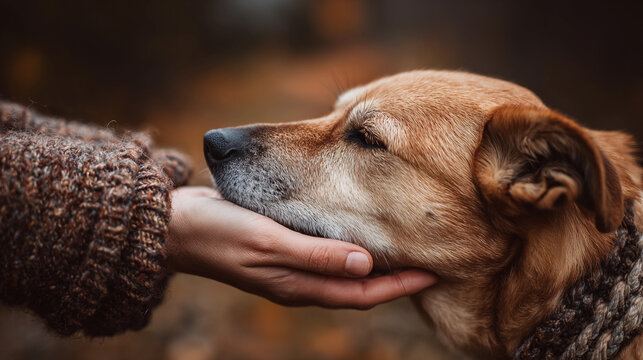 Dog enjoys gentle affection from a person in a cozy setting