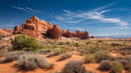 Red rock formations under a clear blue sky in a desert landscape