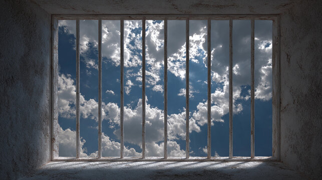 Cloudy sky seen through prison bars in a dimly lit setting