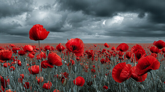 Vivid red poppy field under dramatic cloudy sky in spring