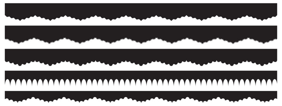 Scalloped edge seamless set. borders and dividers. Simple scalloped border. Repeat cute vintage frill ornament. Texture ribbons. stripe,tape collection isolated on white background.scallop