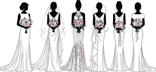 Elegant bridal fashion illustration set, wedding dresses and bouquets artwork, stylish bride silhouettes, modern gown design collection for ceremony