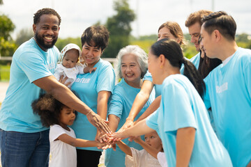 volunteer Community unity through diverse hands coming together. volunteer charity people. charity community service event, ngo business and outreach, Group Diverse people meeting at park for donation