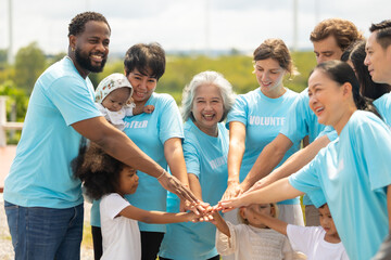 volunteer Community unity through diverse hands coming together. volunteer charity people. charity community service event, ngo business and outreach, Group Diverse people meeting at park for donation