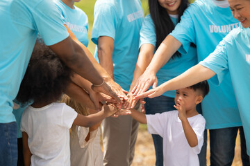 volunteer Community unity through diverse hands coming together. volunteer charity people. charity community service event, ngo business and outreach, Group Diverse people meeting at park for donation