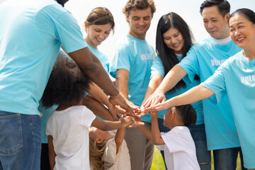 volunteer Community unity through diverse hands coming together. volunteer charity people. charity community service event, ngo business and outreach, Group Diverse people meeting at park for donation