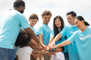 volunteer Community unity through diverse hands coming together. volunteer charity people. charity community service event, ngo business and outreach, Group Diverse people meeting at park for donation