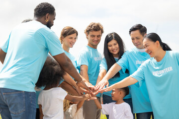 volunteer Community unity through diverse hands coming together. volunteer charity people. charity community service event, ngo business and outreach, Group Diverse people meeting at park for donation