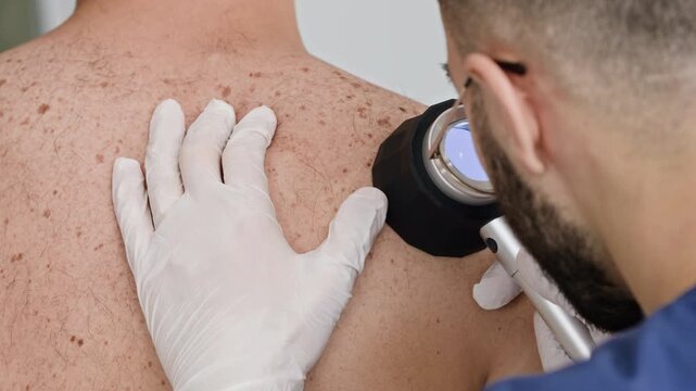 Rear close up shot of male doctor holding dermatoscope and inspecting skin condition on shoulders of unrecognizable patient in clinic