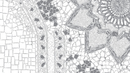 Obraz premium Abstract cellular pattern on white background with thin black linear accents. Distressed white crack texture background for vintage and architectural design projects. 