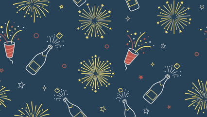Festive background design featuring fireworks, champagne bottles, and party crackers.