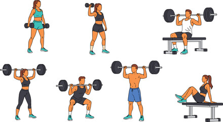 Fitness workout exercise illustration set with men and women lifting weights, barbell training poses, dumbbell and bench exercises for gym design