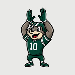 A cartoon badger mascot in a green football uniform with the number 10, clapping its hands enthusiastically.