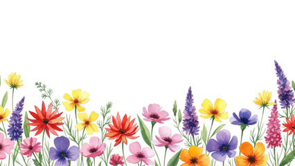 Watercolor wildflower border isolated on transparent background