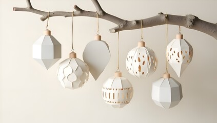 Elegant handmade paper ornaments in assorted geometric shapes hanging from a branch.