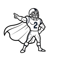 Black and white cartoon illustration of a muscular football player superhero pointing forward.