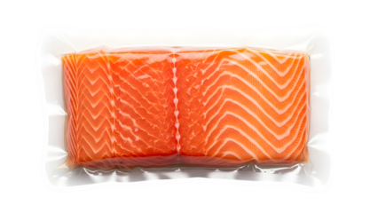 Fresh raw salmon fillet vacuum-sealed, ready for cooking, perfect for gourmet meals and healthy eating recipes, a vibrant food ingredient, isolated on white or transparent background. PNG