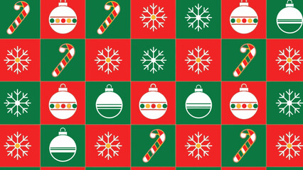 Christmas themed pattern featuring ornaments, snowflakes, and candy canes on alternating red and green squares.