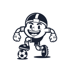 Black and white cartoon mascot character playing soccer, dribbling a ball with a big smile.