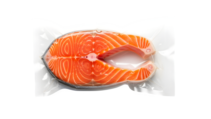 Fresh raw salmon fillet vacuum-sealed, ready for cooking, perfect for gourmet meals and healthy eating recipes, a vibrant food ingredient, isolated on white or transparent background. PNG
