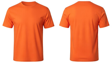 Two orange t shirts front and back view isolated on transparent background