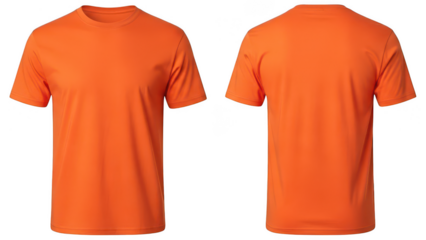 Two orange t shirts front and back view isolated on transparent background