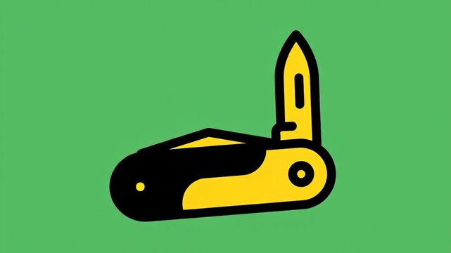 Minimalist icon of a yellow and black pocket knife with an open blade on green