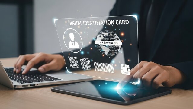 Person interacting with a futuristic holographic interface displaying personal identification and digital information on a desk