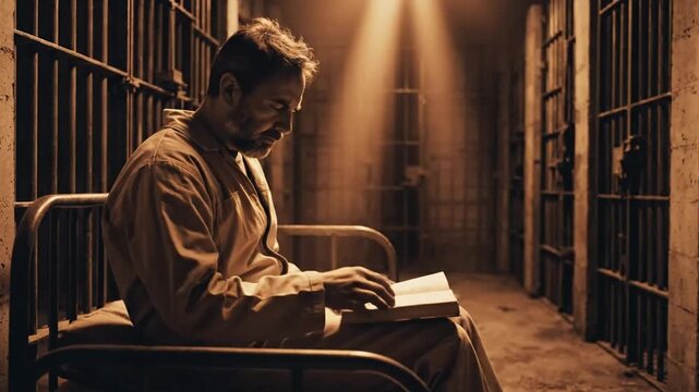 Solitary man reading a book in prison cell illuminated by warm orange light